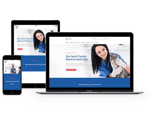 Responsive veterinary website on desktop, tablet and mobile devices